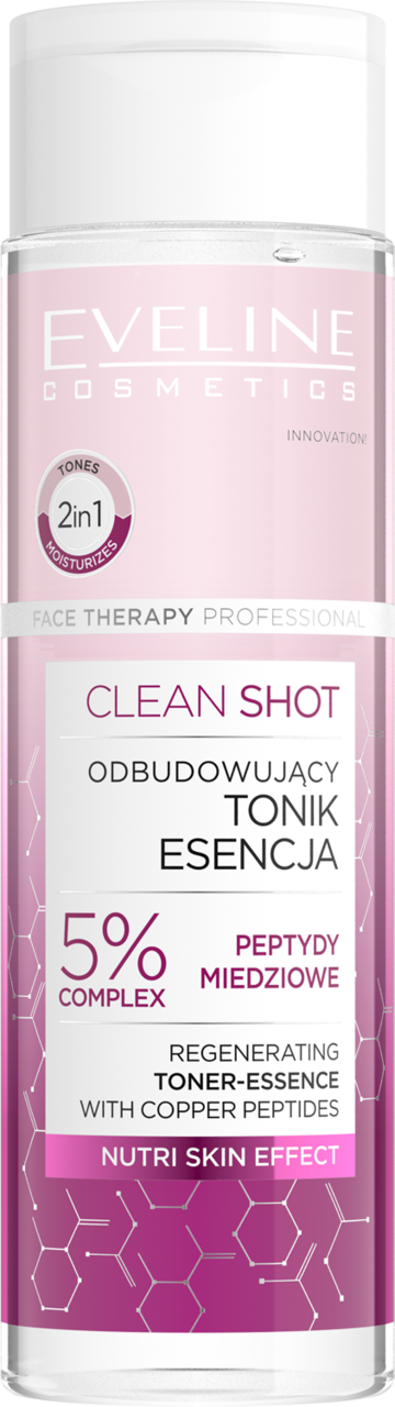 EVELINE COSMETICS, Face Therapy Professional Clean Shot, tonik-esencja do twarzy odbudowujące, 5% peptydy miedziowe, 200 ml