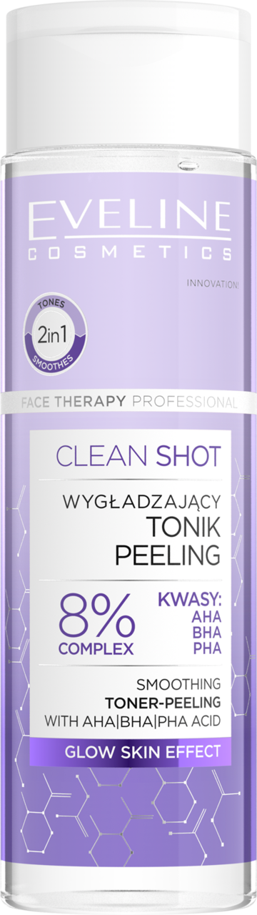 EVELINE COSMETICS, Face Therapy Professional Clean Shot, tonik-peeling do twarzy wygładzający, 8% kwasy: AHA, BHA, PHA, 200 ml