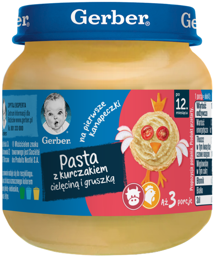 GERBER, danie w słoiczku, Pasta z kurczakiem cielęciną i gruszką, po 12. m-cu życia, 125 g