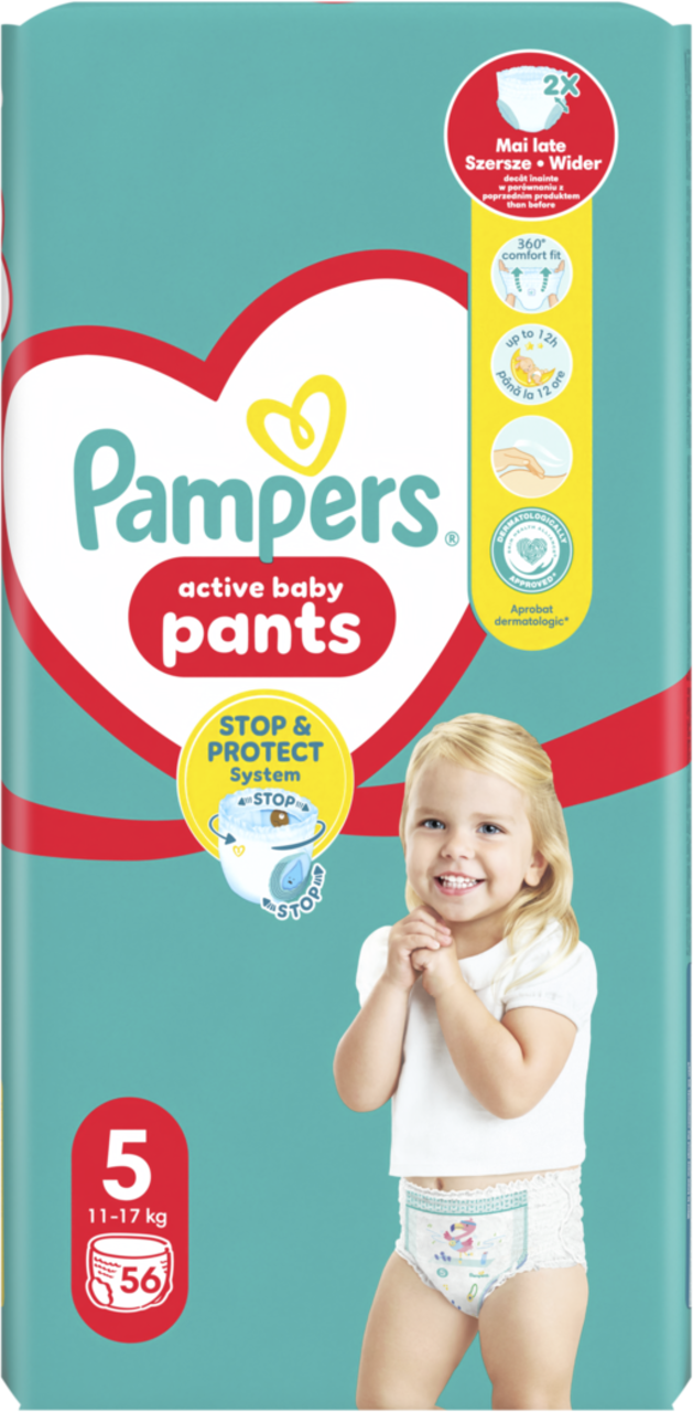 PAMPERS, Active Baby, pieluchomajtki, 11-17 kg, rozmiar 5, 56 szt.