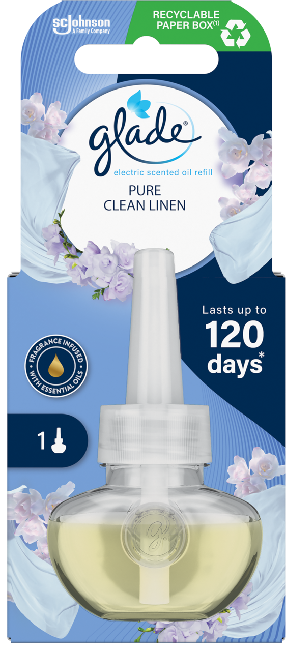 GLADE, Electric Scented Oil, zapas do elektrycznego odświeżacza powietrza, Pure Clean Linen, 20 ml