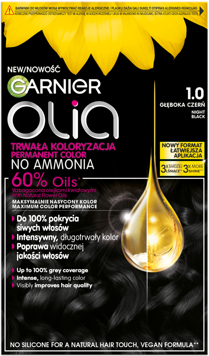 GARNIER OLIA, farba do włosów,  trwała, bez amoniaku, nr 1.0 Głęboka Czerń, 1 szt.