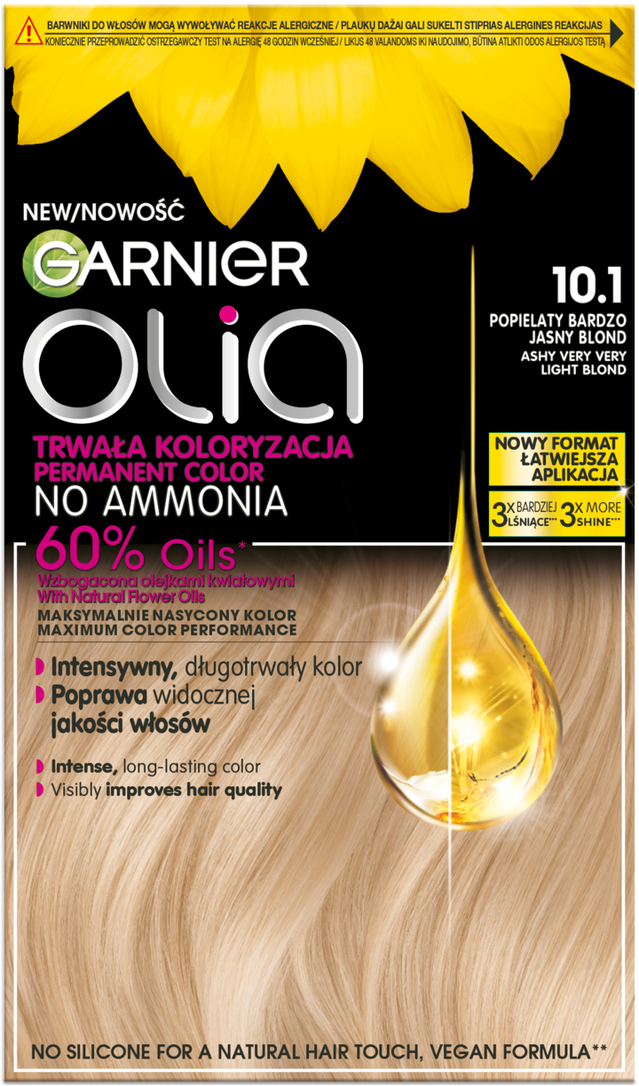 GARNIER OLIA, farba do włosów, trwała, bez amoniaku, nr 10.1 Popielaty Bardzo Jasny Blond, 1 szt.