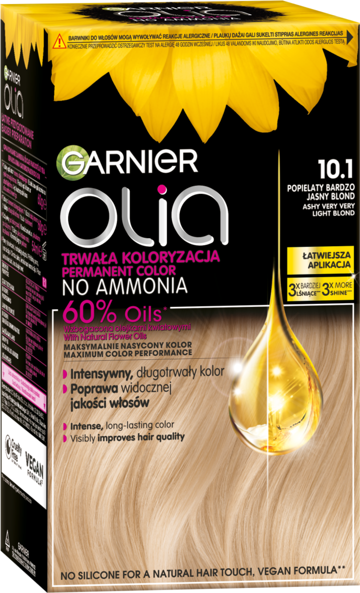GARNIER OLIA, farba do włosów, trwała, bez amoniaku, nr 10.1 Popielaty Bardzo Jasny Blond, 1 szt.