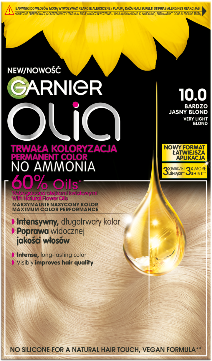 GARNIER OLIA, farba do włosów, trwała, bez amoniaku, nr 10.0 Bardzo Jasny Blond, 1 szt.