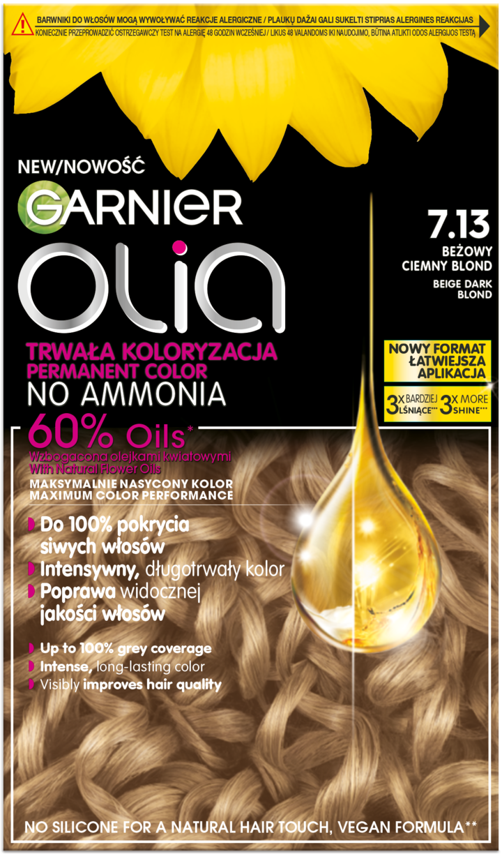 GARNIER OLIA, farba do włosów, trwała, bez amoniaku, nr 7.13 Beżowy Ciemny Blond, 1 szt.