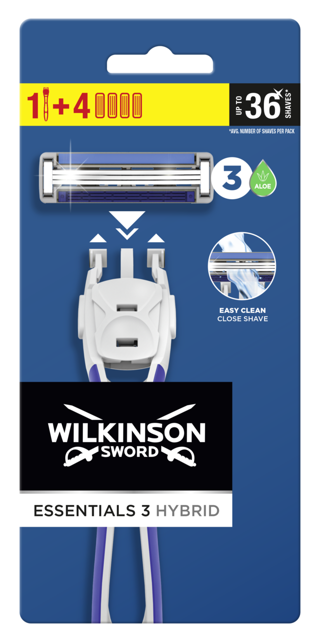 WILKINSON SWORD, Essentials 3 Hybrid, maszynka do golenia dla mężczyzn, 1 rączka + 4 wkłady, 3 ostrzowa, 1 szt.