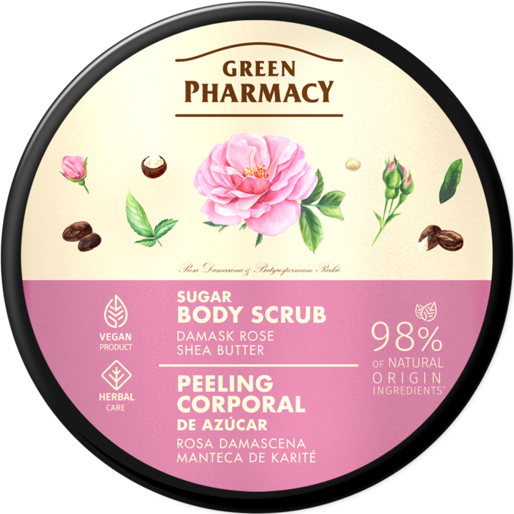 GREEN PHARMACY, peeling do ciała, cukrowy, Róża Damasceńska i Masło Shea, 200 ml