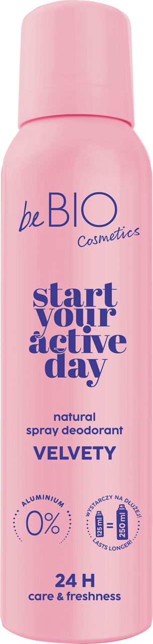 BEBIO COSMETICS, Start Your Active Day, dezodorant w sprayu, naturalny, Velvety, 24h, 125 ml
