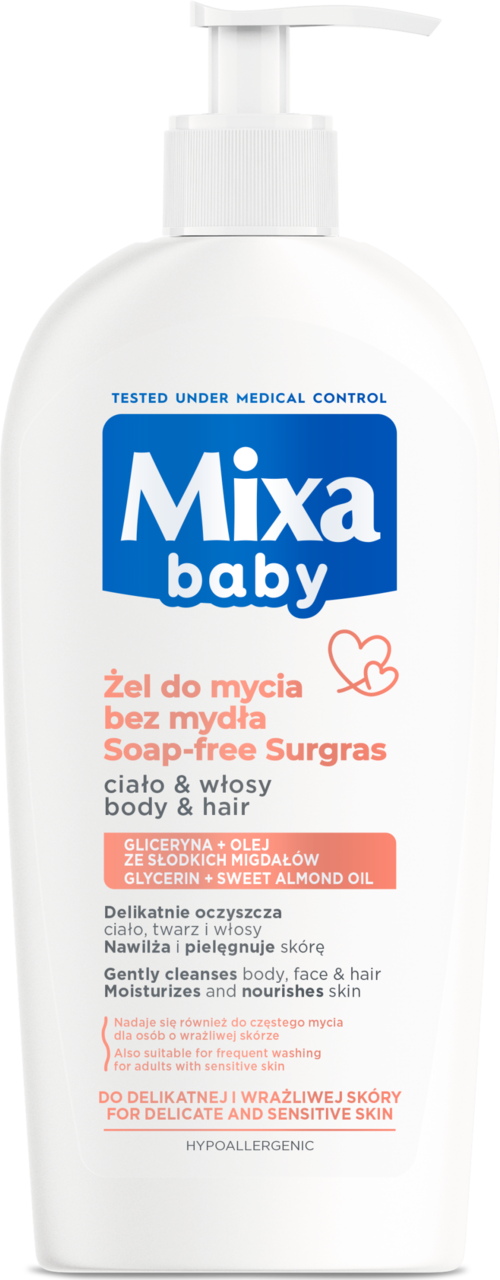 MIXA BABY, szampon do włosów i żel pod prysznic dla dzieci, 2w1, skóra wrażliwa i delikatna, 400 ml