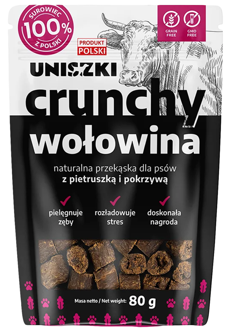 UNISZKI, Crunchy Wołowina, karma uzupełniająca dla psów, naturalna, z pietruszką i pokrzywą, 80 g