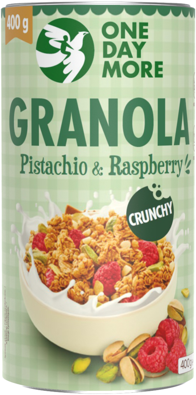 ONEDAYMORE, granola z białą czekoladą, Pistacje i Maliny, 400 g