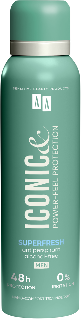 AA, Iconic & Power-Feel Protection Superfresh, antyperspirant w sprayu dla mężczyzn, 48h, 150 ml
