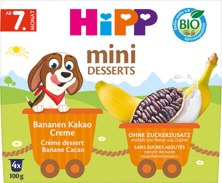 HIPP, Mini, deserek mleczny z bananami i kakao, od 7. m-ca, 4 x 100 g