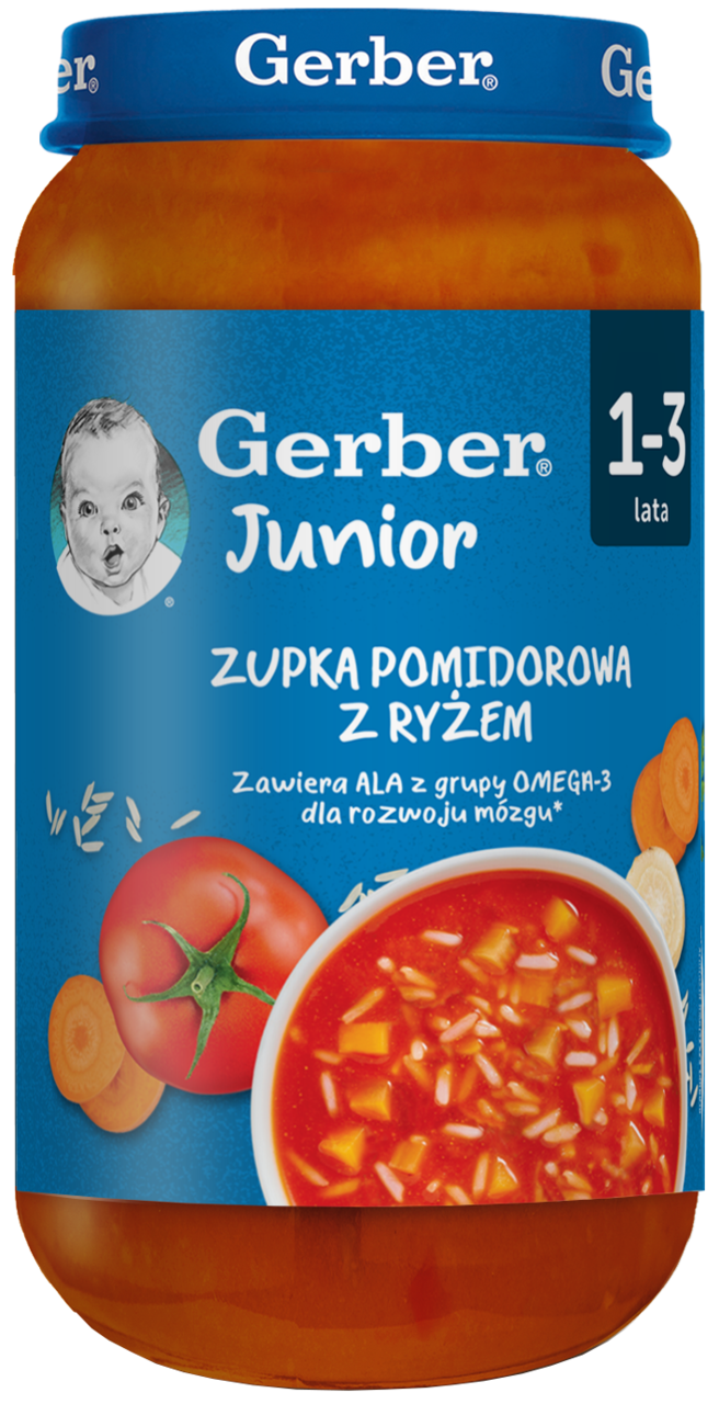GERBER, Junior, danie w słoiczku, Zupka pomidorowa z ryżem, 1-3 lata, 250 g
