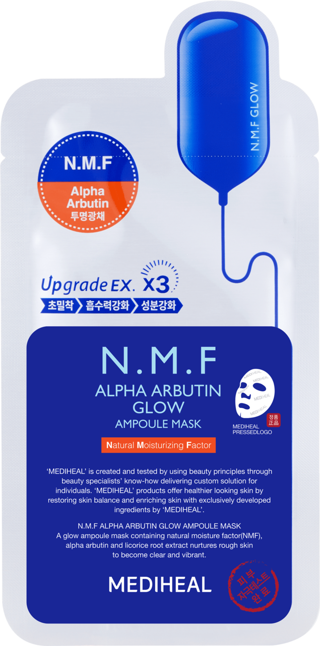 MEDIHEAL, N.M.F Alpha Arbutin Glow, maska w płachcie, rozświetlająca, 27 ml