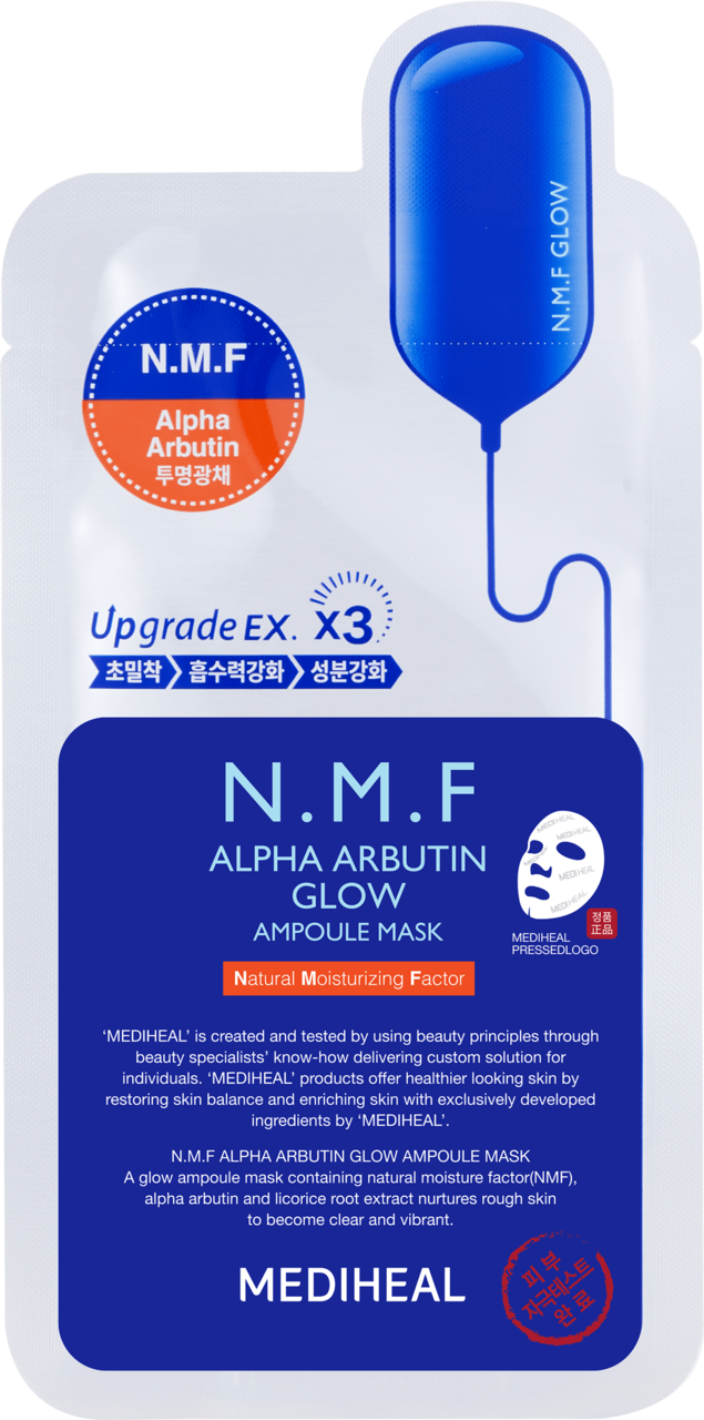 MEDIHEAL, N.M.F Alpha Arbutin Glow, maska w płachcie, rozświetlająca, 27 ml