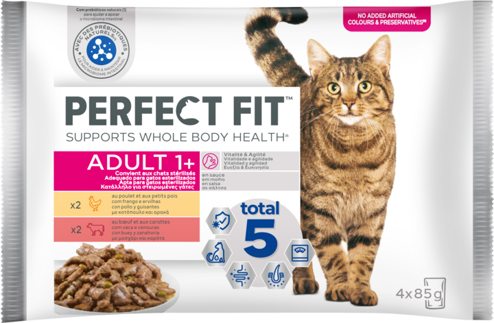 PERFECT FIT, Adult 1+, mokra karma dla dorosłych kotów sterylizowanych, z kurczakiem i z wołowiną, 4x85 g
