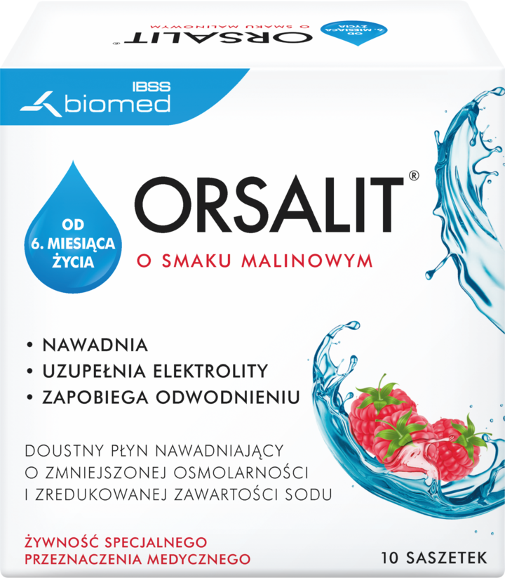 ORSALIT, saszetki, płyn doustny nawadniający, 6m+, o smaku malinowym, żywność specjalnego przeznaczenia medycznego, 48 g