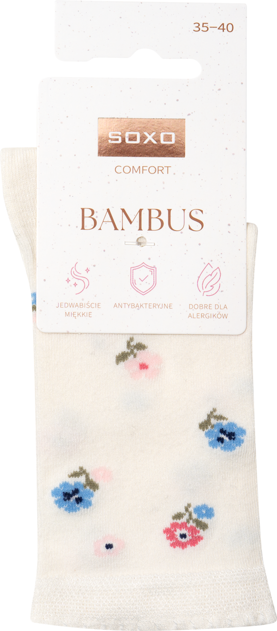 SOXO, Comfort, skarpetki damskie z włókna bambusowego, Kwiatki, Ecru, rozm. 35-40;, 1 para