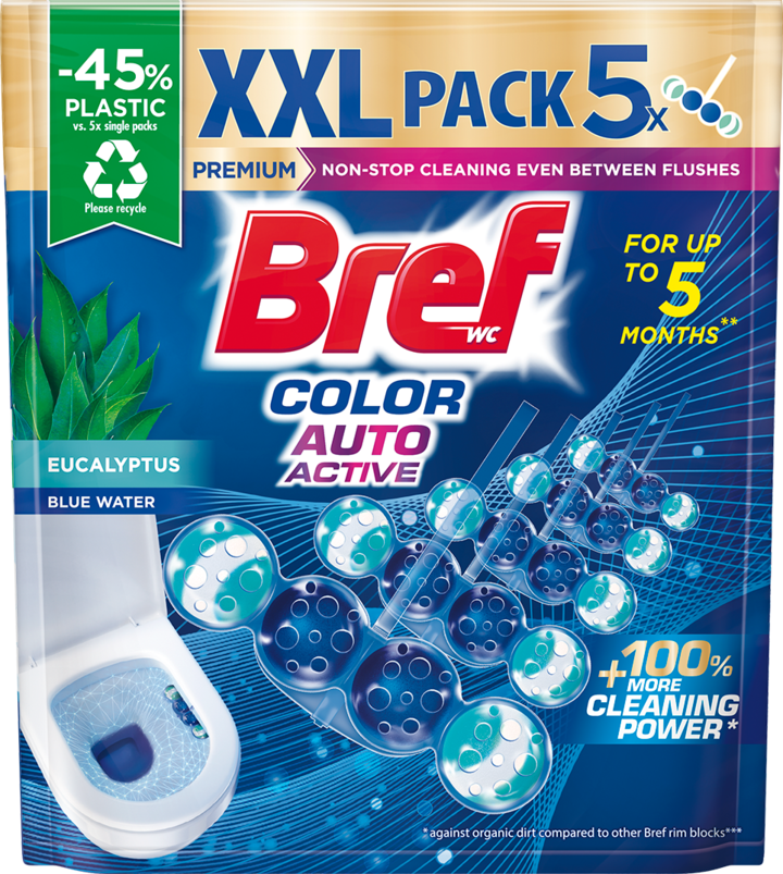 BREF, Premium Color Auto Active, zawieszka do WC, Eucalyptus, 5 x 50 g