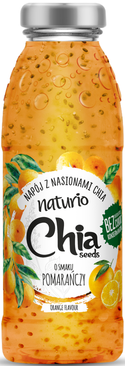 NATURIO, Chia Seeds, napój niegazowany z nasionami Chia, o smaku Pomarańczy, 295 ml