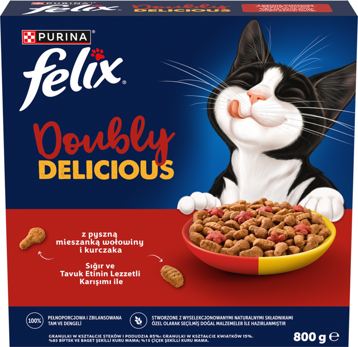 PURINA FELIX, Doubly Delicious, karma sucha pełnoporcjowa dla dorosłych kotów, z Wołowiną i Kurczakiem, 800 g
