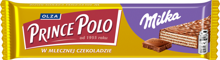 PRINCE POLO, Milka, wafelek z kremem Kakaowym, oblany czekoladą Mleczną, 45 g