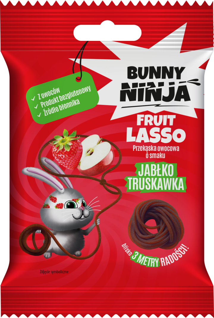 BUNNY NINJA, Fruit Lasso, przekąska owocowa w kształcie sznurka, Jabłko-Truskawka, 20 g