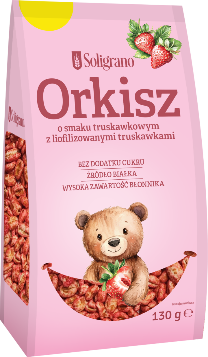 SOLIGRANO, orkisz o smaku Truskawkowym, z liofilizowanymi Truskawkami, 130 g