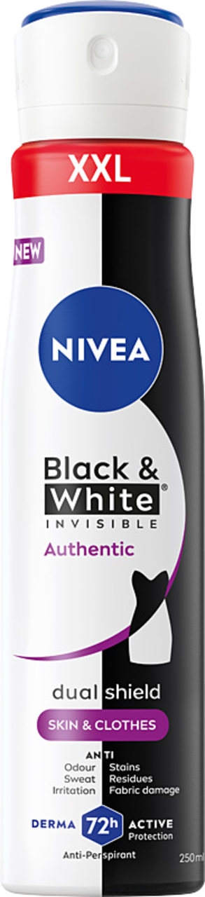 NIVEA, Black & White Invisible, antyperspirant w sprayu, dla kobiet, 72h, Authentic, 250 ml
