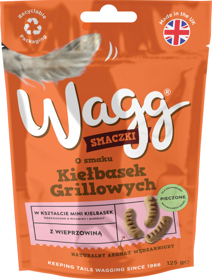WAGG, Smaczki, karma uzupełniająca dla psów, o smaku Grillowanych Kiełbasek z Wieprzowiną, od 8. tygodnia życia, 125 g