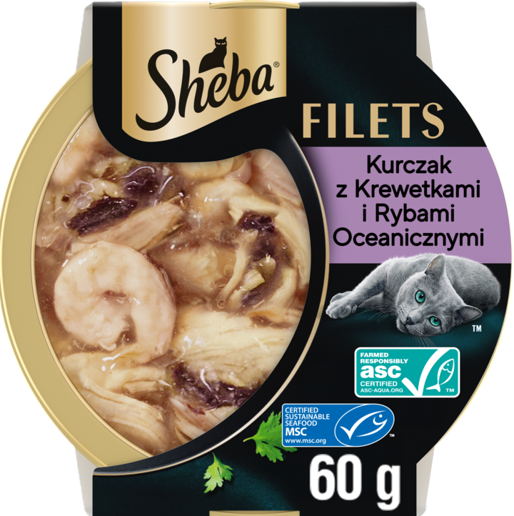 SHEBA, Filets, karma uzupełniająca dla dorosłych kotów, Kurczak z Krewetkami i Rybami Oceanicznymi, 60 g
