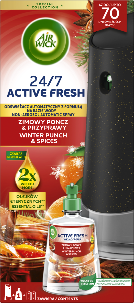 Air Wick, Active Fresh , automatyczny odświeżacz powietrza z wkładem i bateriami, Zimowy Poncz, Przyprawy, 228 ml