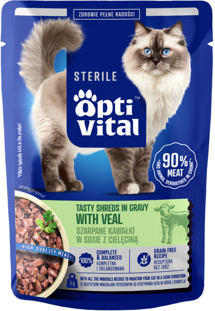 OPTI VITAL, Sterile, karma pełnoporcjowa dla dorosłych kotów, w sosie, szarpane kawałki, Cielęcina, 85 g