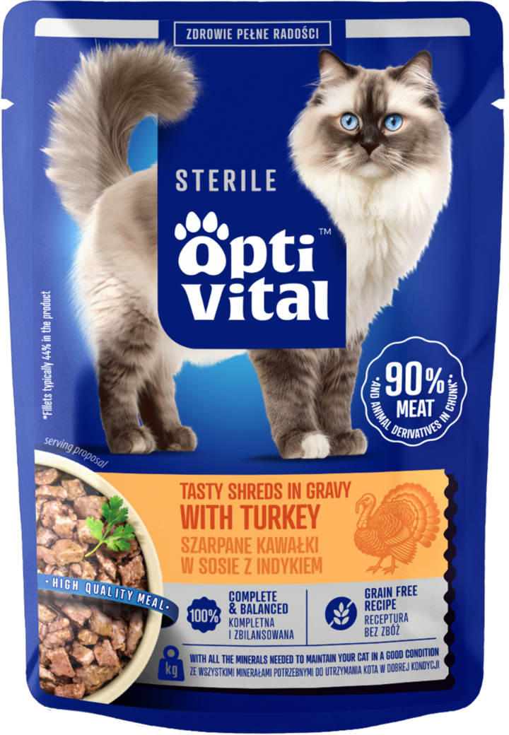 OPTI VITAL, Sterile, karma pełnoporcjowa dla dorosłych kotów, w sosie, szarpane kawałki, Indyk, 85 g