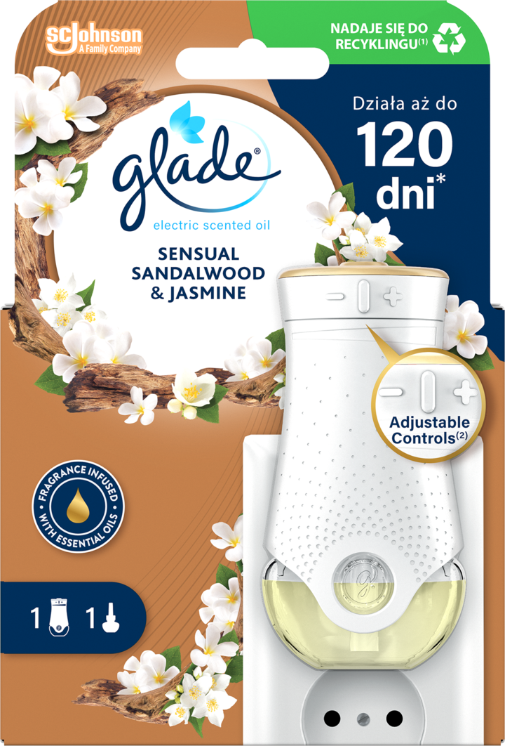 GLADE, Electric Scented Oil, elektryczny odświeżacz powietrza z zapasem, Sensual Sandalwood&Jasmine, 20 ml
