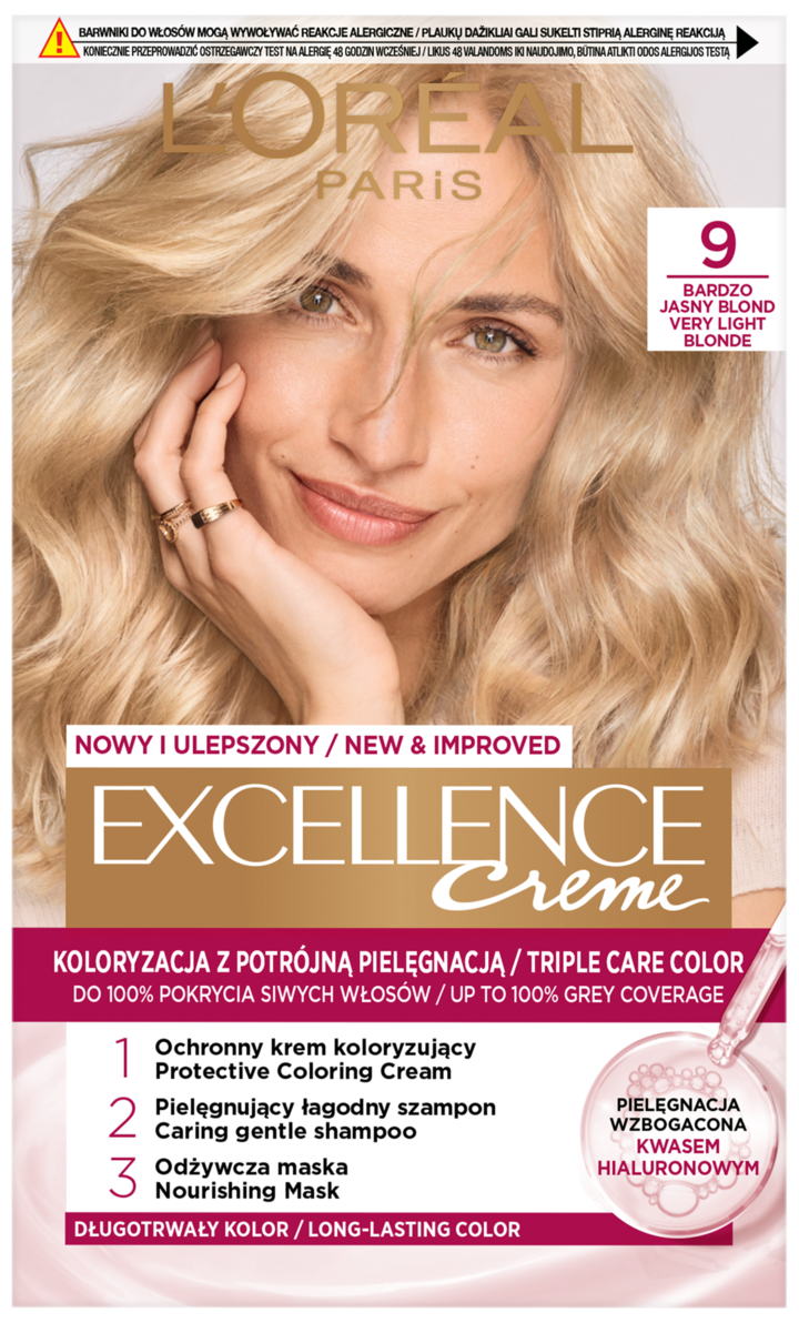 L'ORÉAL PARIS EXCELLENCE, Creme, krem do włosów, koloryzujący, ochronny, nr 9 Bardzo Jasny Blond, 1 szt.