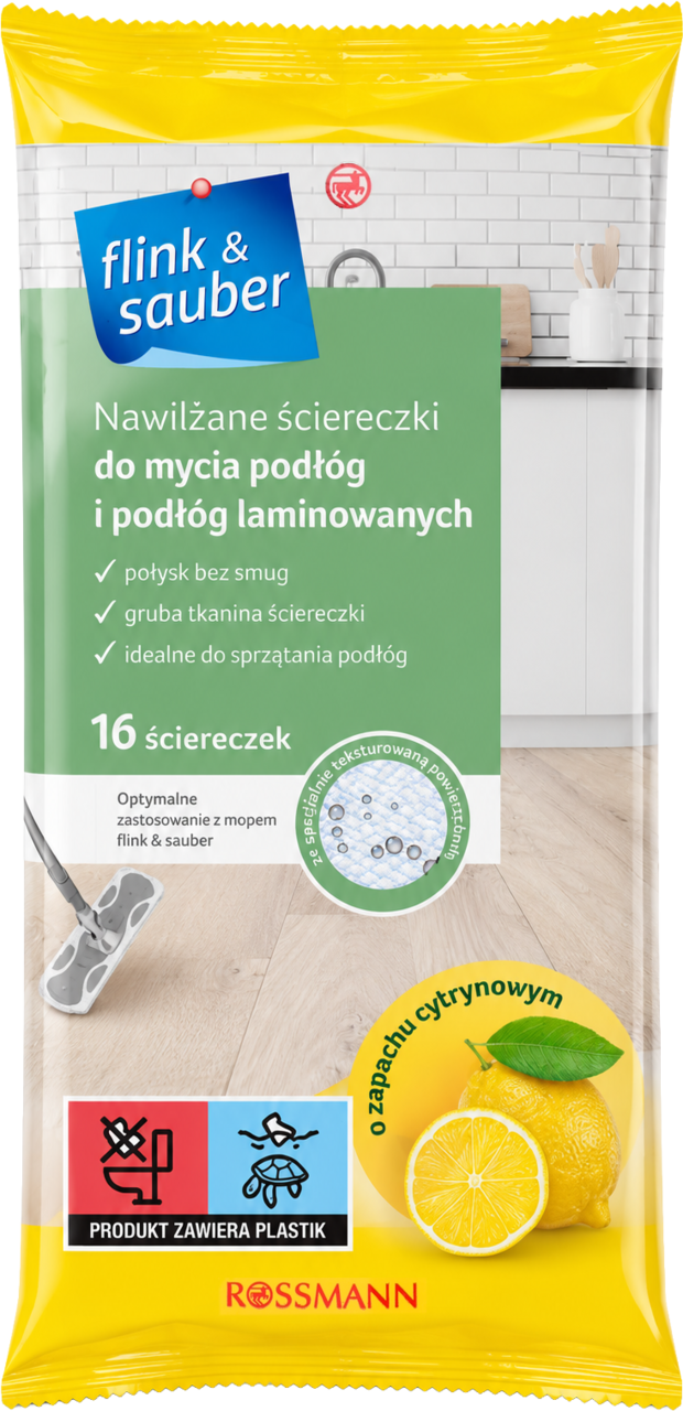 FLINK&SAUBER, ściereczki nawilżane, do mycia podłóg, o zapachu Cytrynowym, wym. 22 x 30 cm, 16 szt.