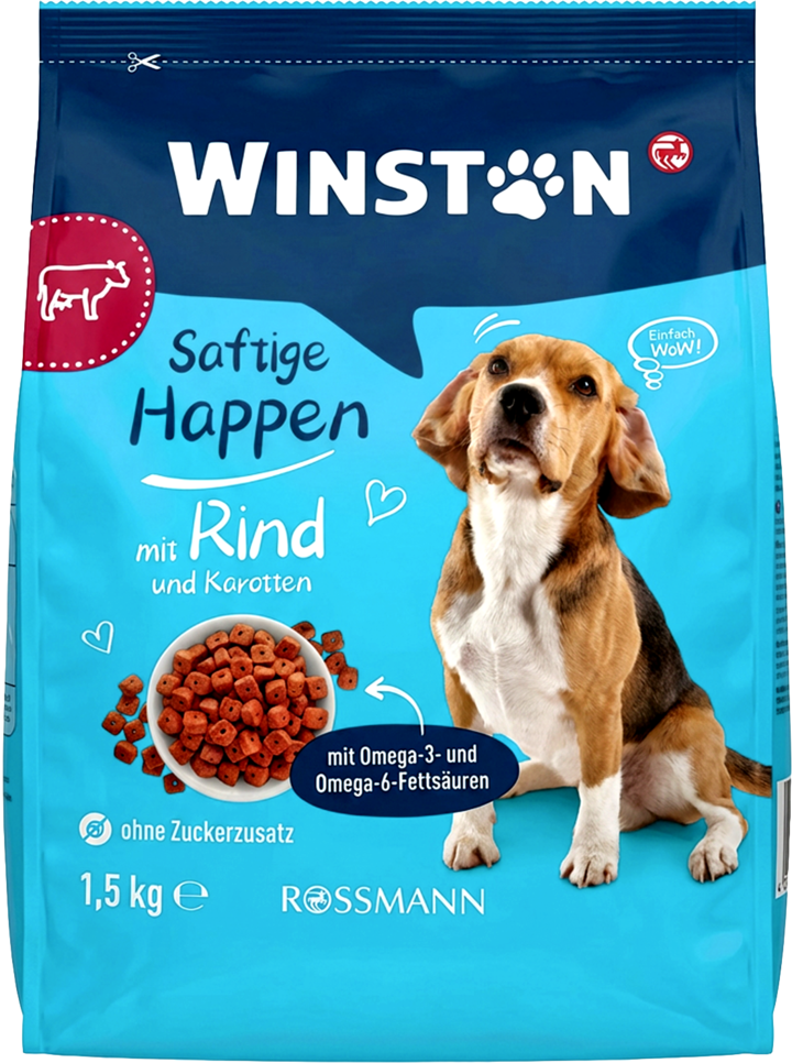 WINSTON, karma pełnoporcjowa sucha dla dorosłych psów, kąski z wołowiną i marchewką, 1,5 kg