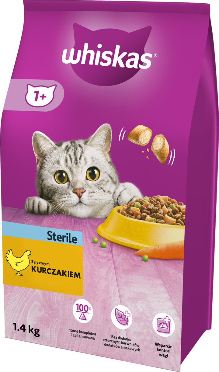 WHISKAS, 1+ lat Sterile, karma pełnoporcjowa sucha dla dorosłych kotów sterylizowanych i kastrowanych, Kurczak, 1,4 kg