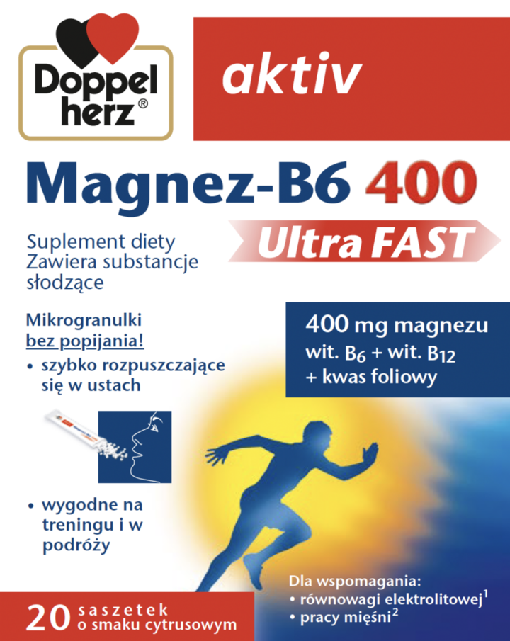 DOPPELHERZ, Aktiv, Magnez-B6 400 Ultra Fast w saszetkach, o smaku cytrusowym, 20 szt.