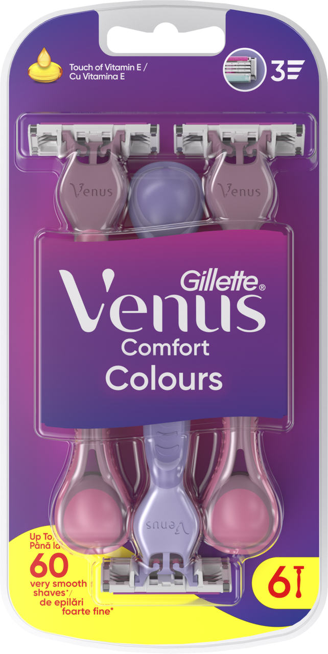 GILLETTE VENUS, Comfort Colours, maszynki do golenia dla kobiet, 3 ostrzowe, 6 szt.