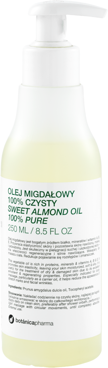 BOTANICAPHARMA, olej migdałowy do twarzy, ciała i włosów, 100% czysty, 250 ml