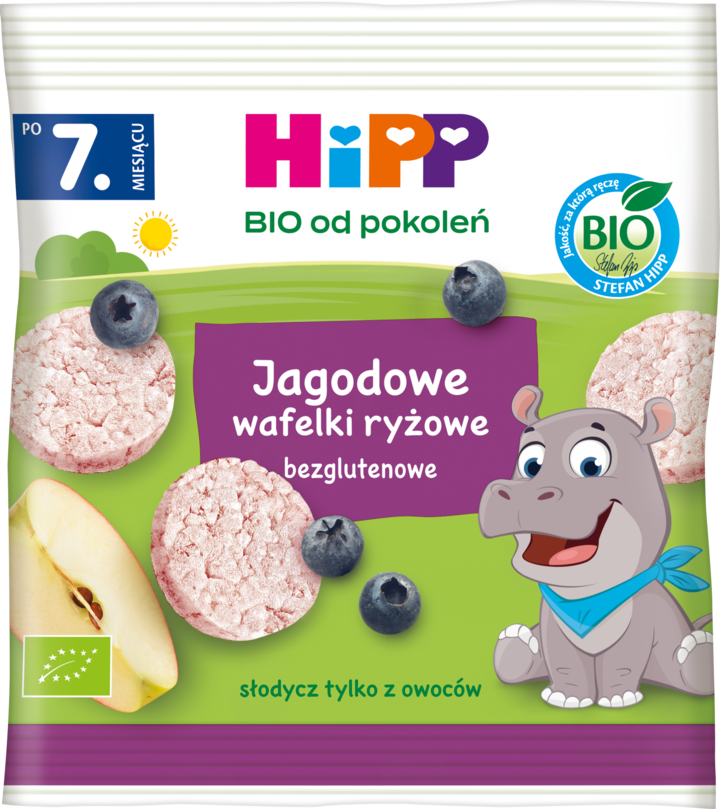 HIPP, BIO od pokoleń, wafelki ryżowe, jagodowe, 7m+, 30 g