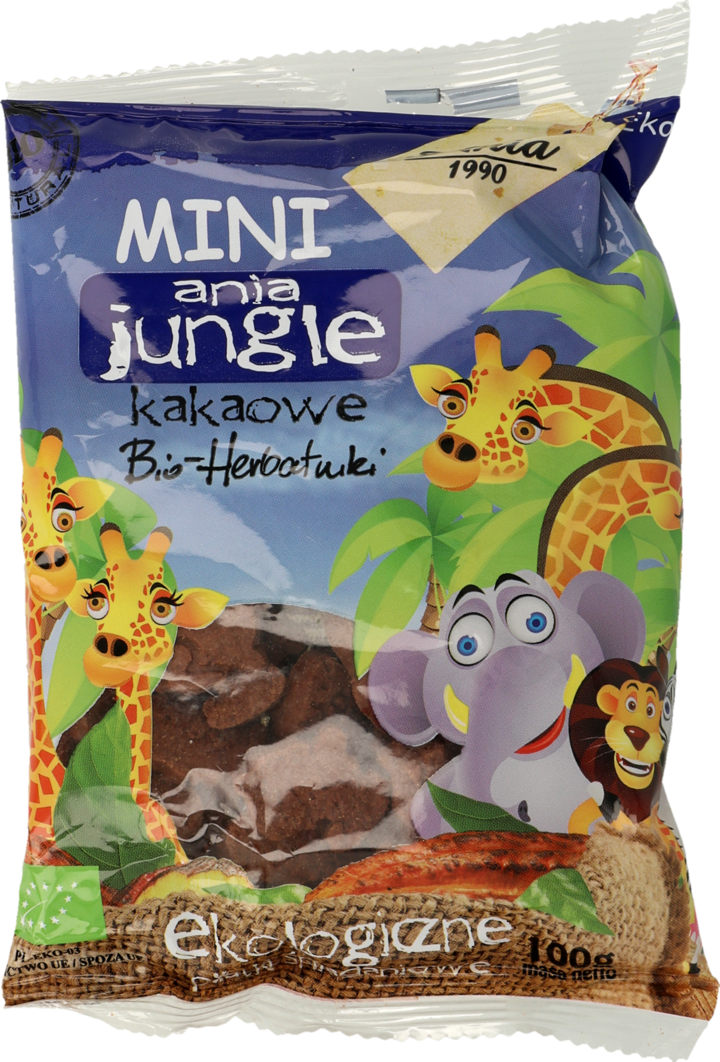 ANIA 1990, Mini Jungle, herbatniki pszenne o smaku kakaowym, Bio, 100 g