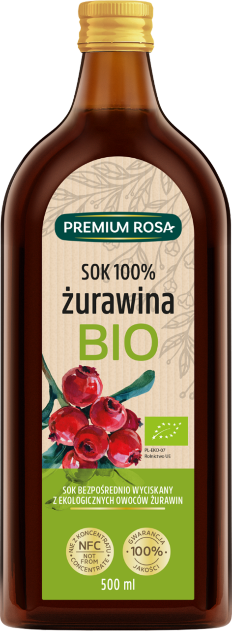 PREMIUM ROSA SOK 100% ŻURAWINA BIO 500ml PREMIUM ROSA, sok, bezpośrednio wyciskany z ekologicznych owoców