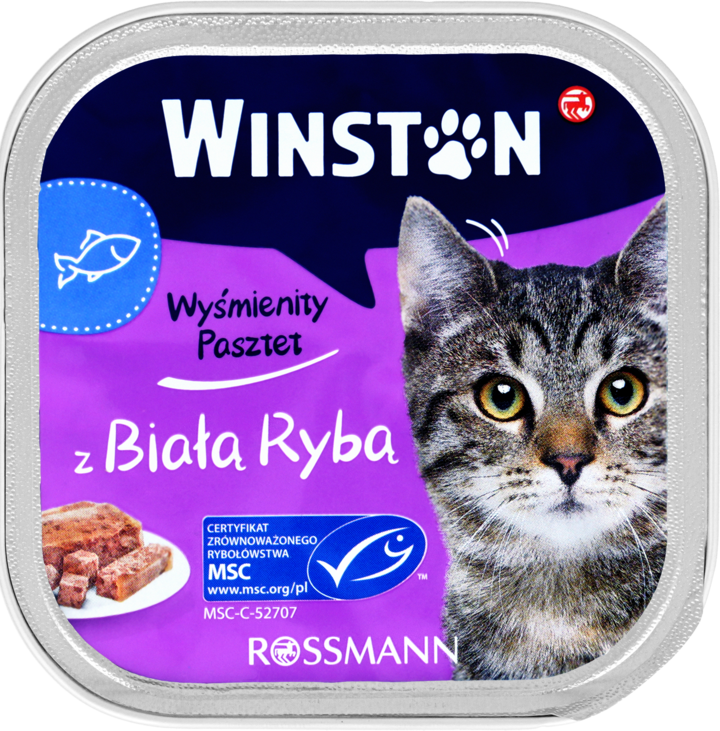 WINSTON, karma pełnoporcjowa mokra dla dorosłych kotów, z białą rybą, 100 g