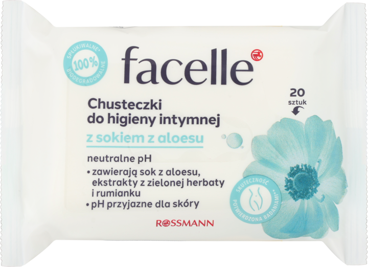 FACELLE, chusteczki do higieny intymnej z sokiem z aloesu, 20 szt.
