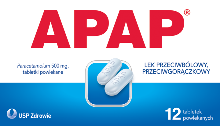 APAP, tabletki powlekane 500mg paracetamolu, przeciwbólowe, przeciwgorączkowe, 12 szt.